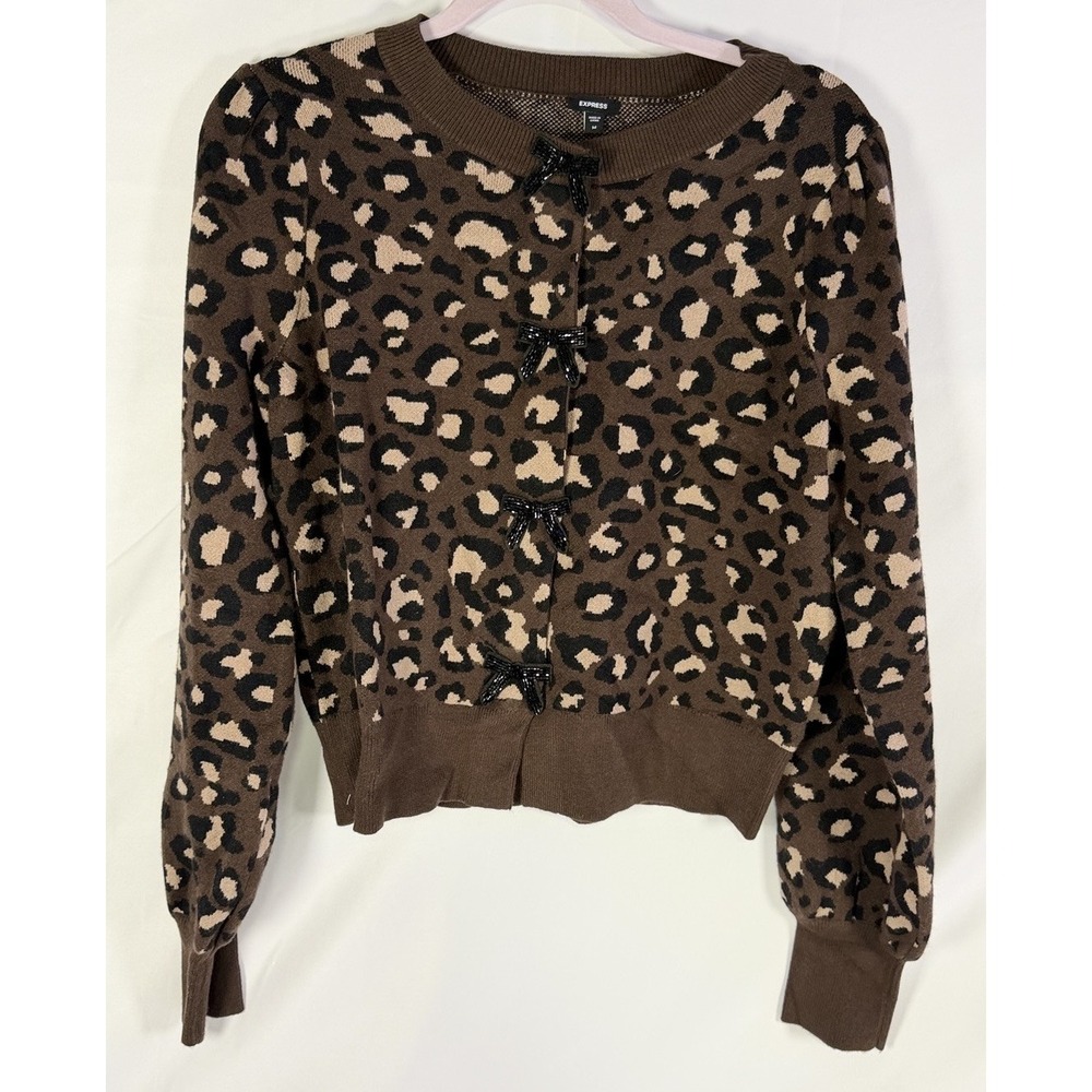 Express Women's Medium  Brown Cheetah Pattern Cardigan Beaded Bow Snap Closure